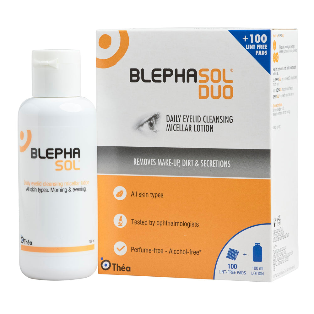 THEA PHARMA Blephasol Duo contact-lens-wearer shot highlights compatibility.