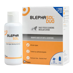 THEA PHARMA Blephasol Duo contact-lens-wearer shot highlights compatibility.