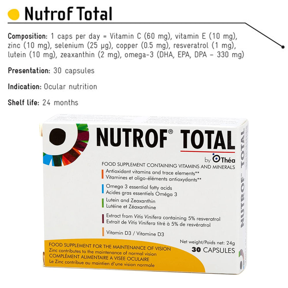 Nutrof Total eye health supplement packaging signals professional-grade nutrition