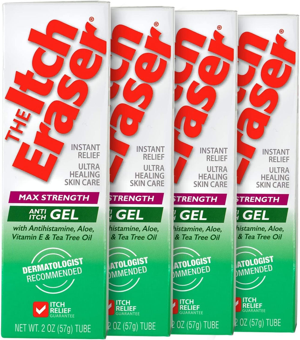 THEITCHERASER packaging box closeup emphasizes travel-friendly itch relief.