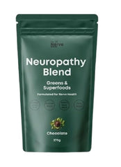 The Nerve Brand Neuropathy Superfood Blend chocolate powder in a jar for daily nerve support.