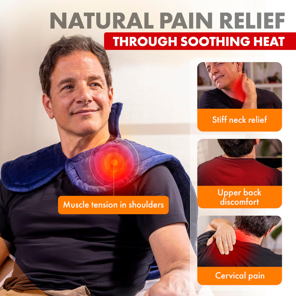 Thera Care heating pad shows 25x26 inch size for broad neck and shoulder coverage.