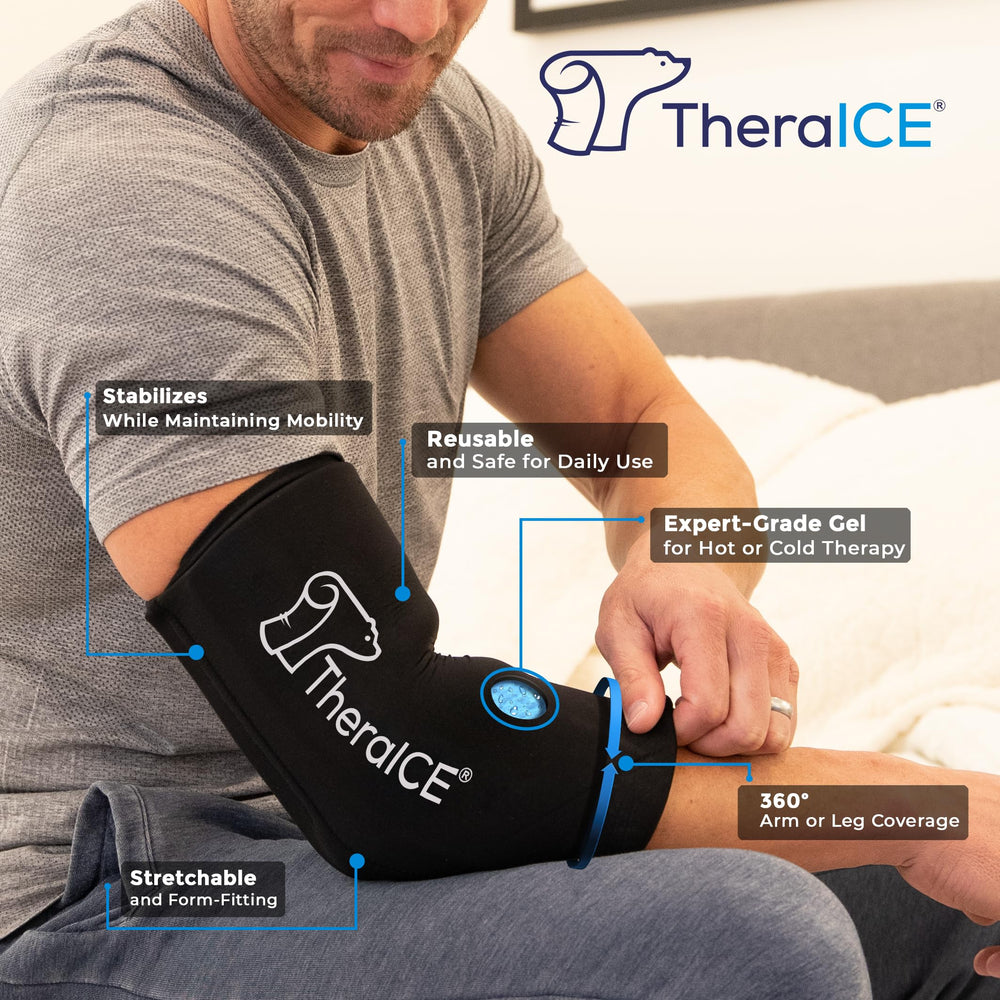 TheraICE elbow compression sleeve with gel pack provides cold therapy for elbow pain