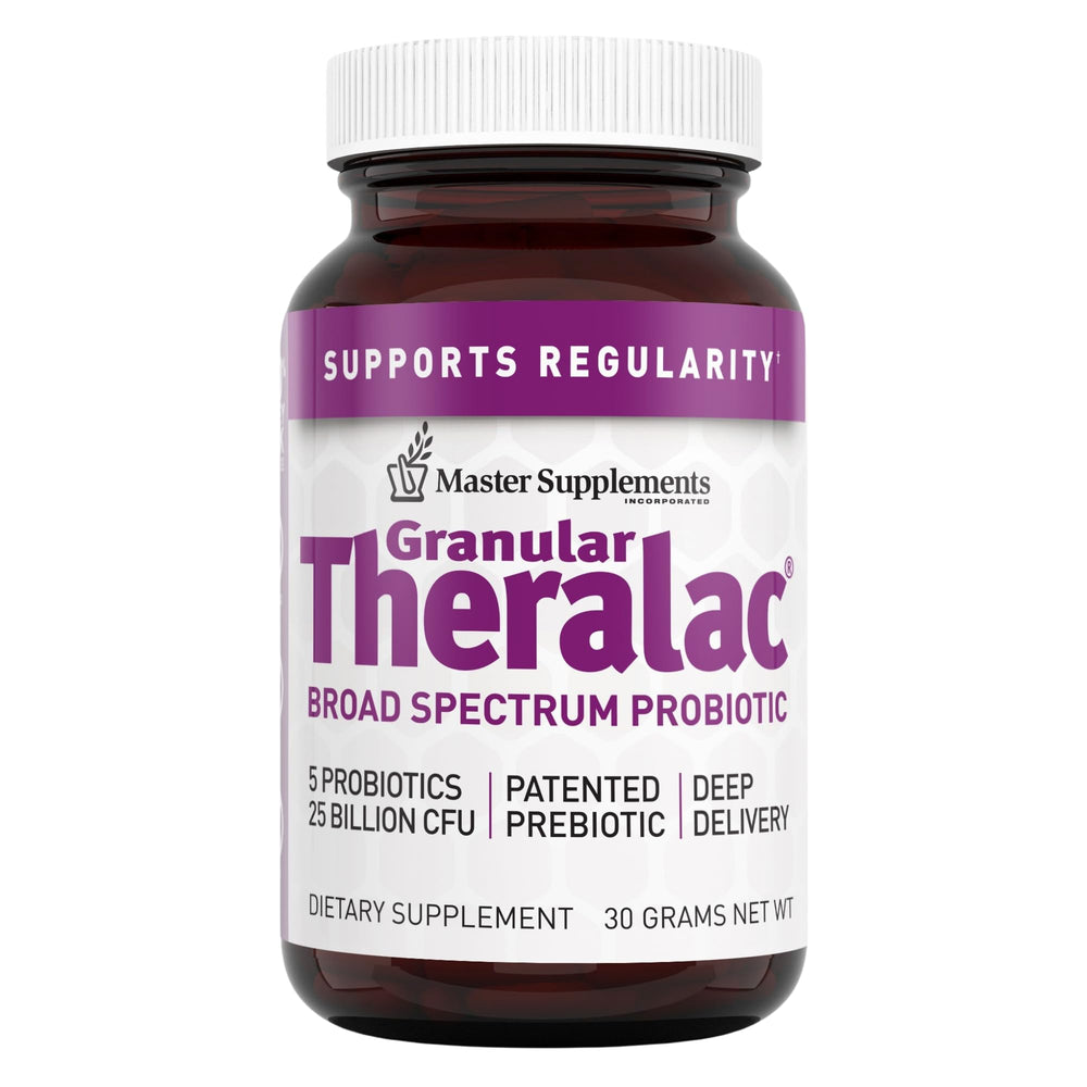 Theralac Master Granular tub close-up showing powder for gut health use.