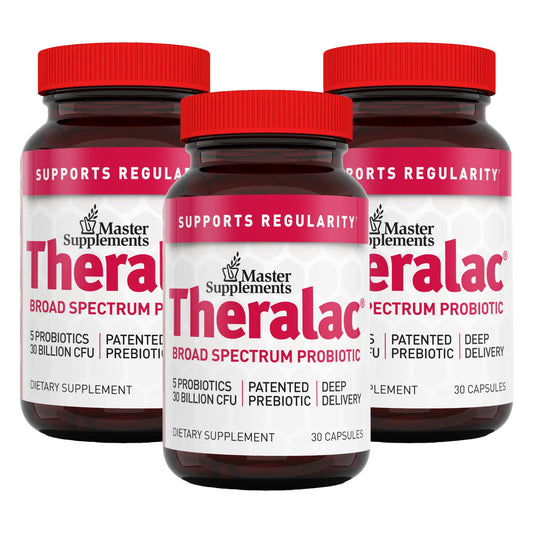 Theralac multi-strain probiotic bottle promoting daily gut balance.