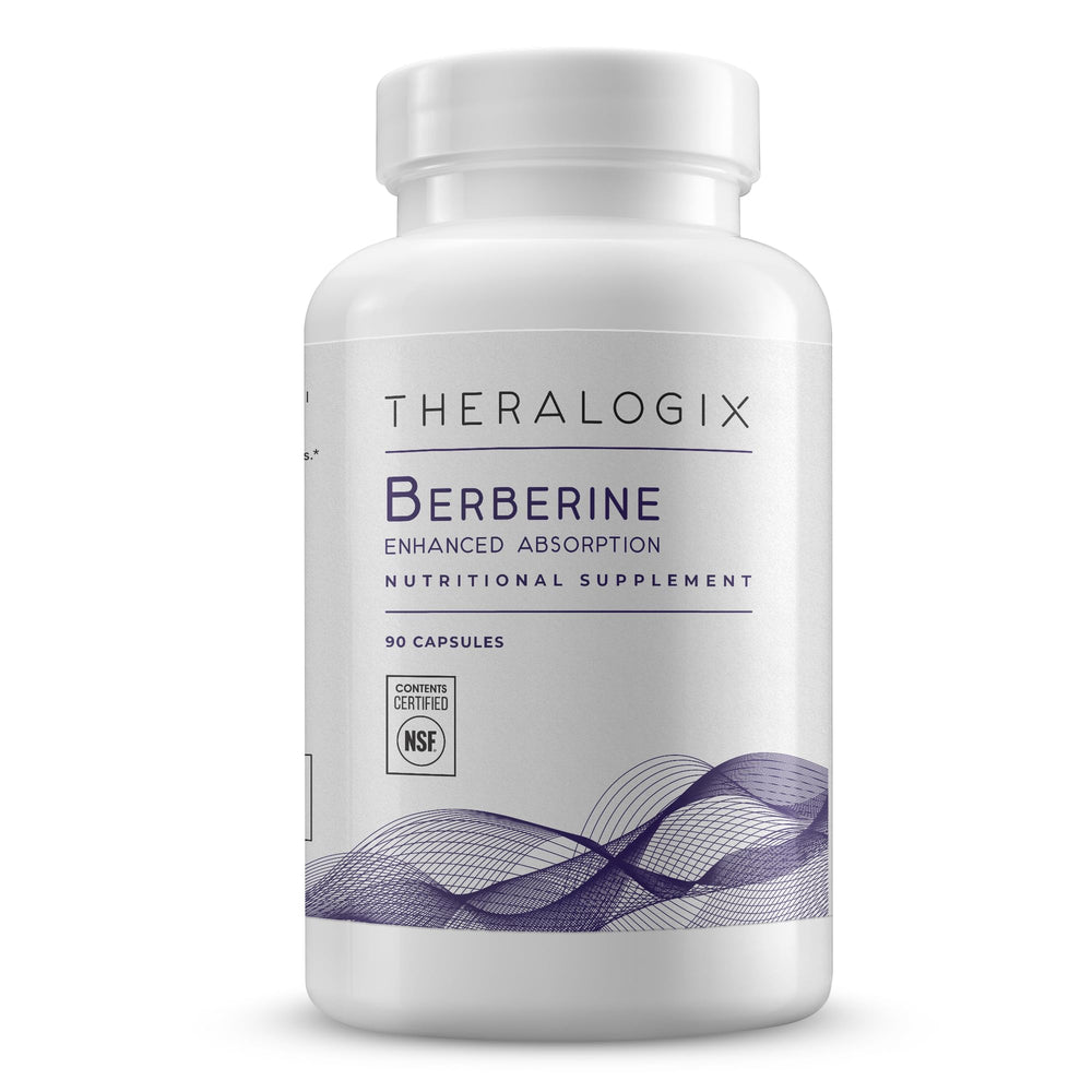 Theralogix Berberine Enhanced Absorption bottle on desk for metabolism support