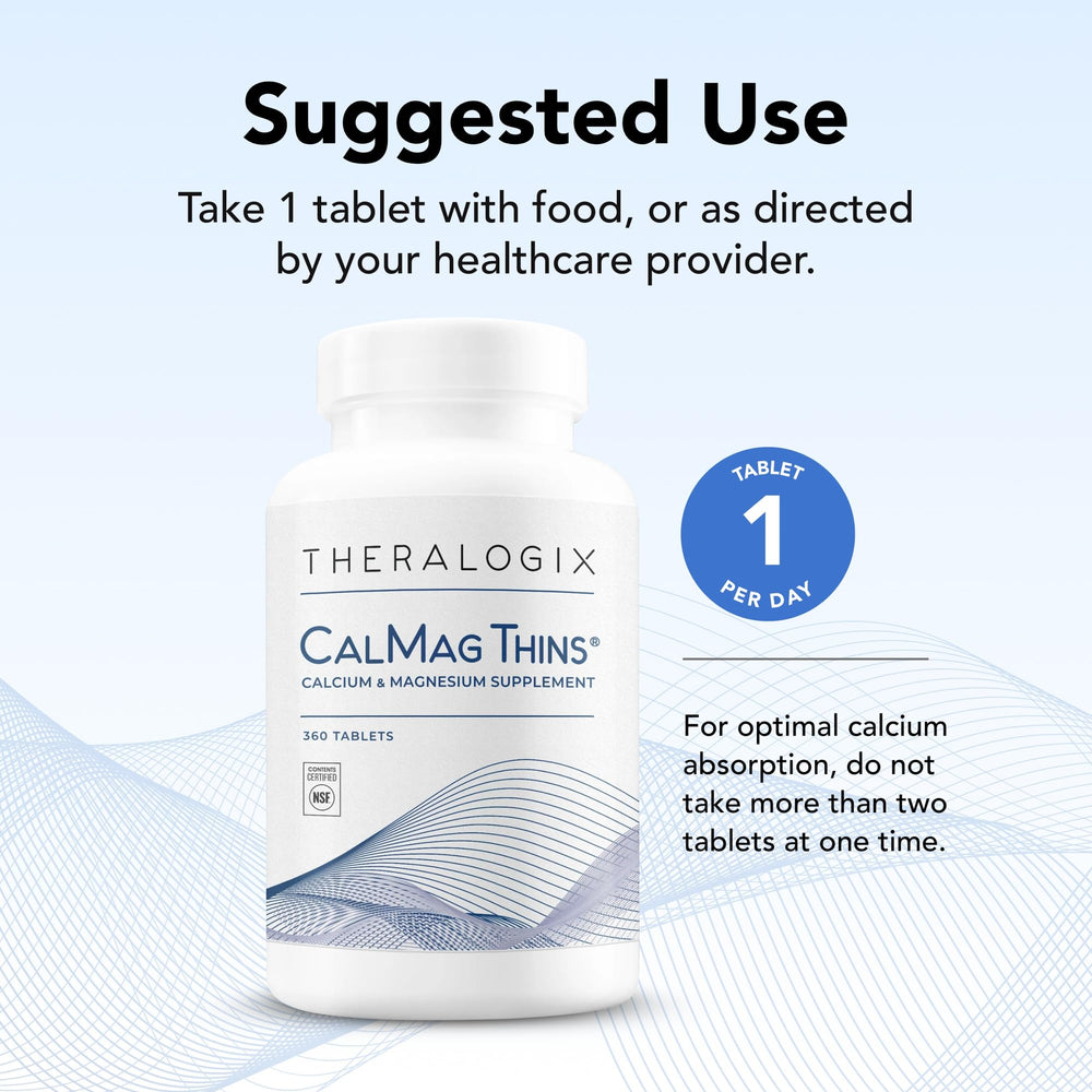 Theralogix CalMag Thins packaging displays NSF seal, gluten-free, vegan