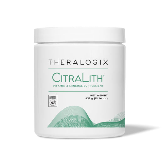 Theralogix CitraLith bottle pour showing convenient daily intake for kidney support
