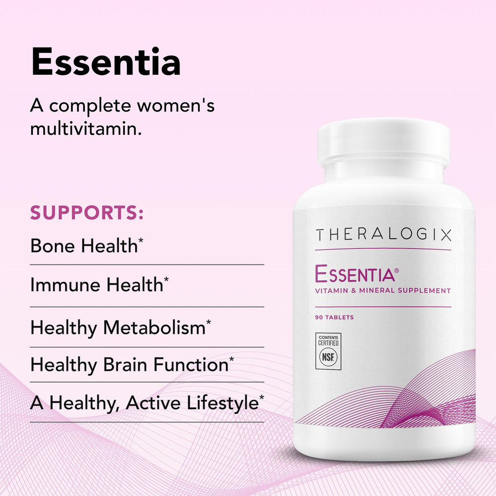 Theralogix Essentia Women’s Multivitamin label highlights essential nutrients for immune and bone health