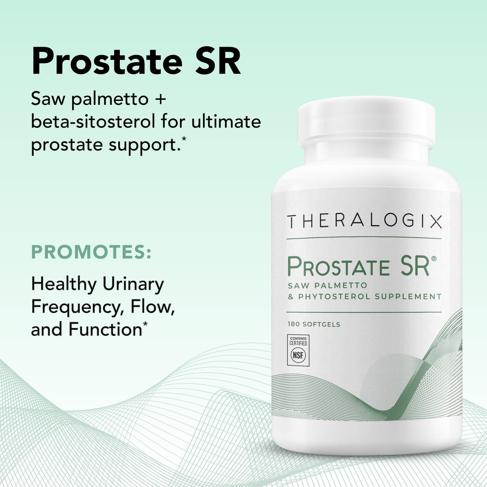 Theralogix Prostate SR packaging displaying gluten-free and vegan notes.