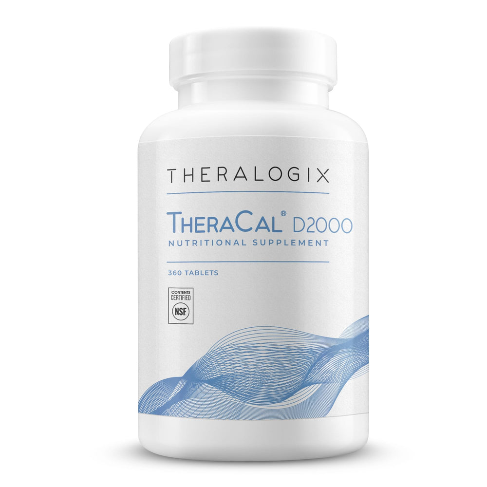 Theralogix TheraCal D2000 bottle close-up for daily bone support.