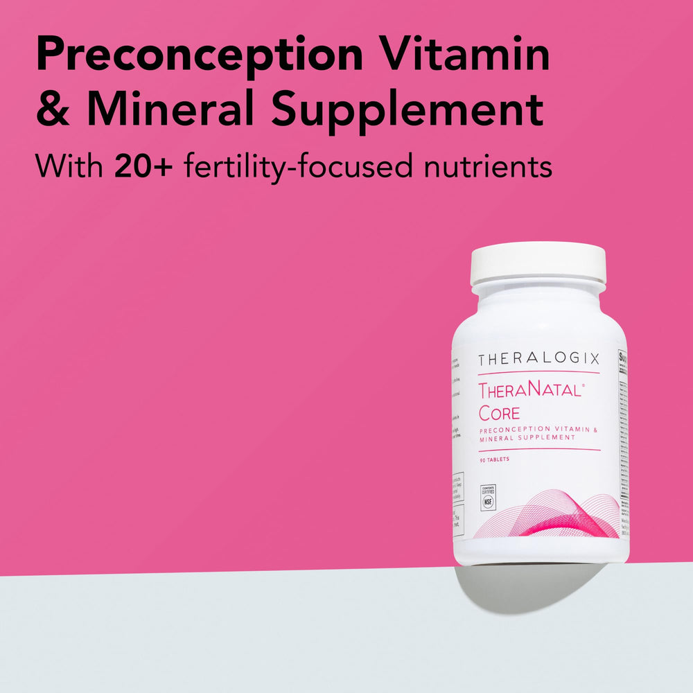 Close-up of TheraNatal Core tablets highlighting prenatal-ready multivitamin formulation