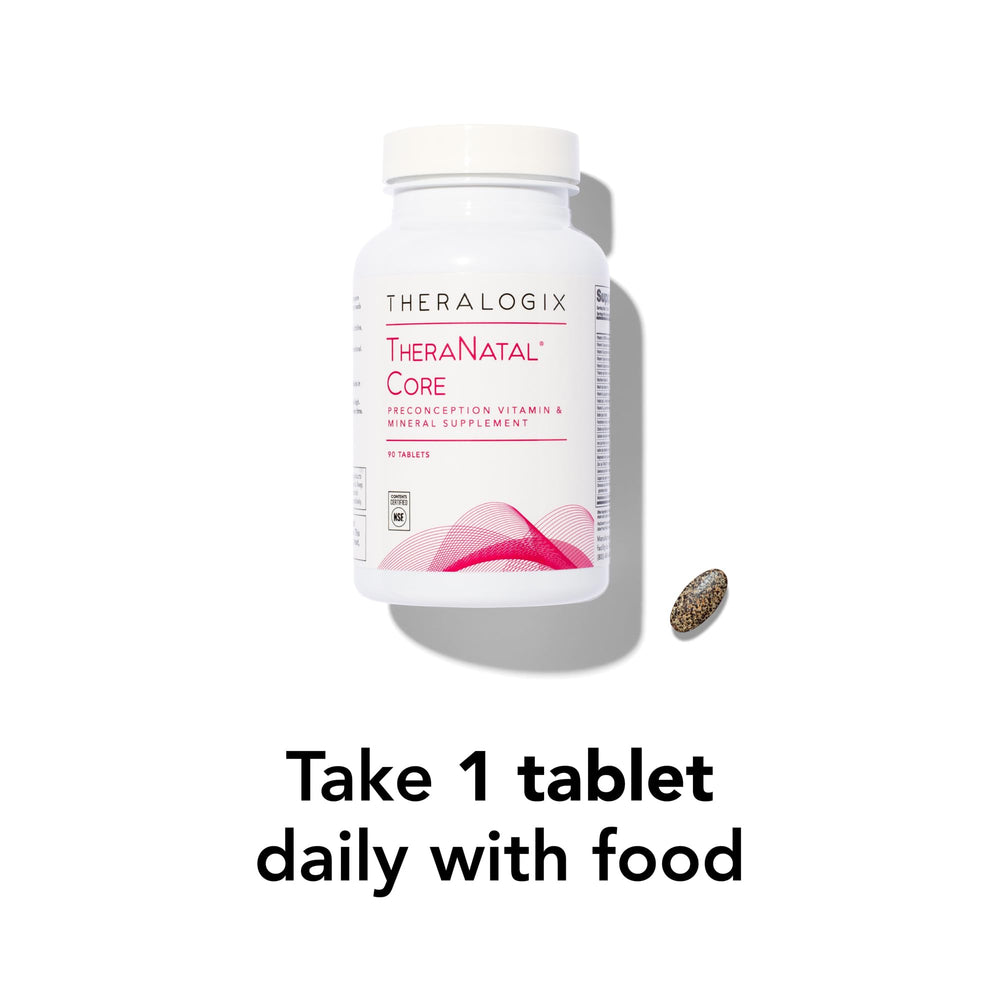 TheraNatal Core bottle beside water for daily prenatal health routine