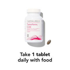 TheraNatal Core bottle beside water for daily prenatal health routine