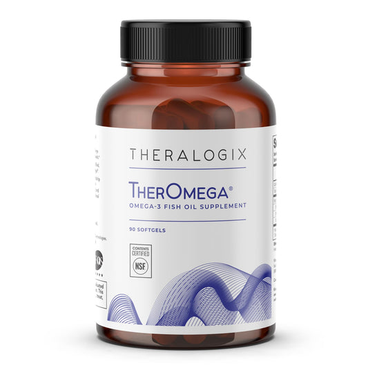 Theralogix TherOmega bottle open showing softgels for daily heart and brain support.