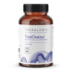 Theralogix TherOmega bottle open showing softgels for daily heart and brain support.