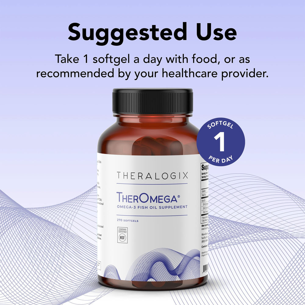 Side view of TherOmega bottle illustrates 270 softgels per bottle