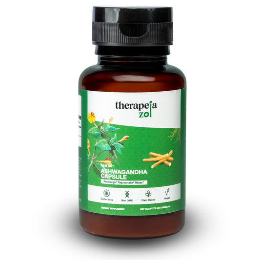 Therapeia Zoi ashwagandha-ksm66 capsules bottle promotes daily calm and stress support.