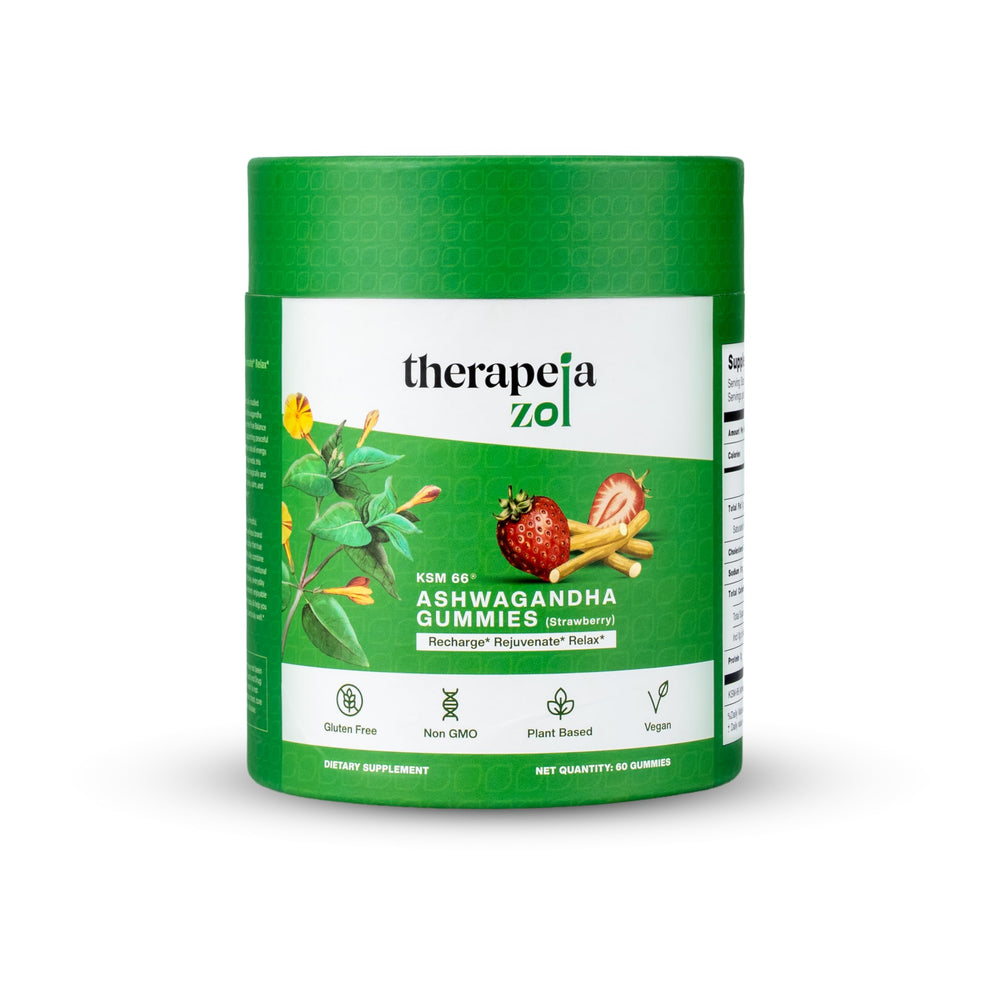 Therapeia Zoi KSM66 Ashwagandha Gummies strawberry bottle for daily stress support