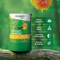 Therapeia Zoi KSM-66 Ashwagandha honey-stick dissolving in tea for a comforting ritual