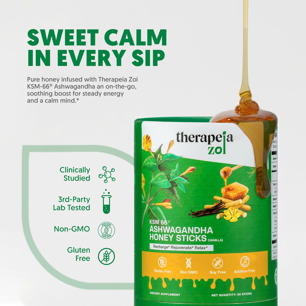 Therapeia Zoi KSM-66 Ashwagandha honey-stick in hand on the go for busy mornings