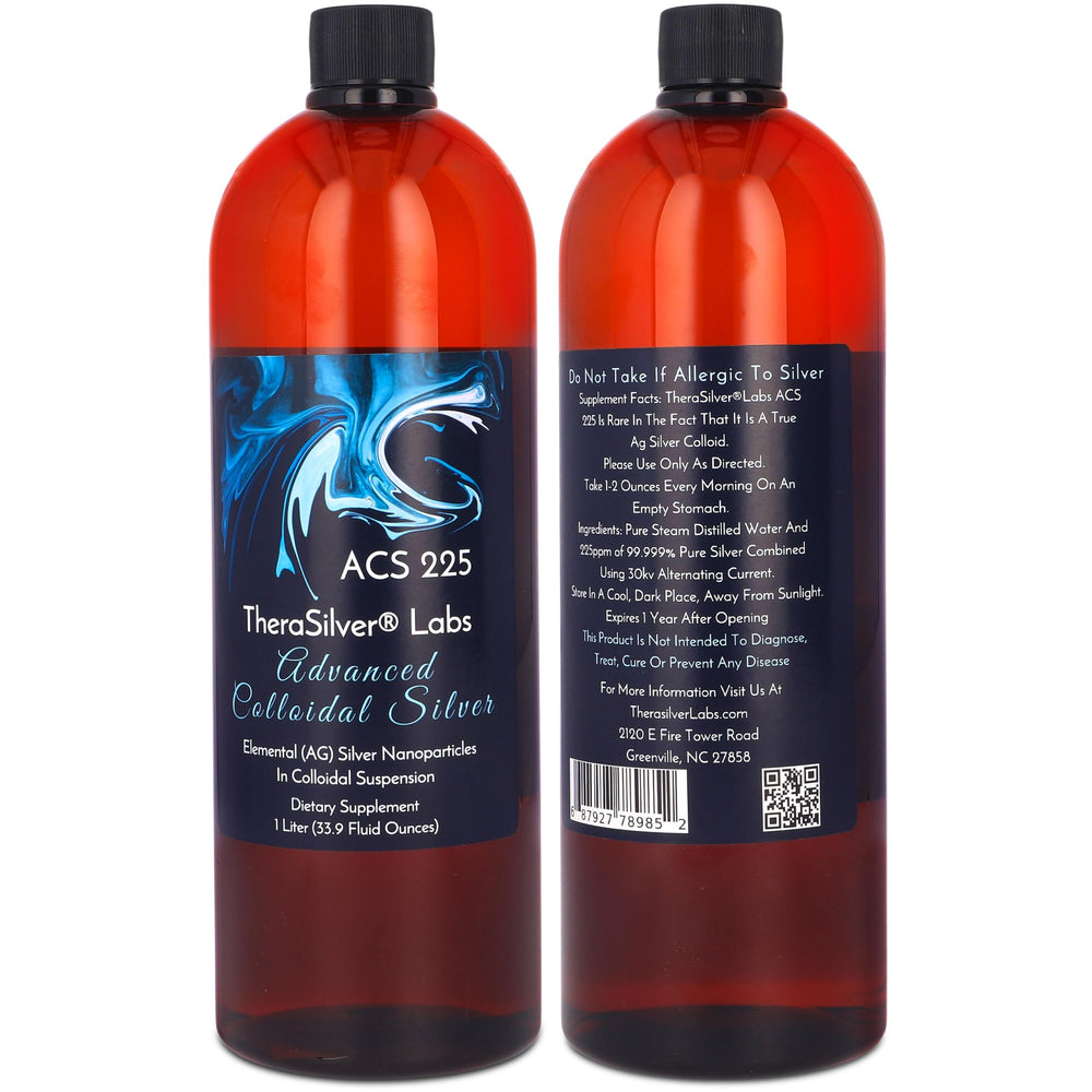TheraSilver ACS225 bottle front showing pure silver solution for daily immune-support routines.