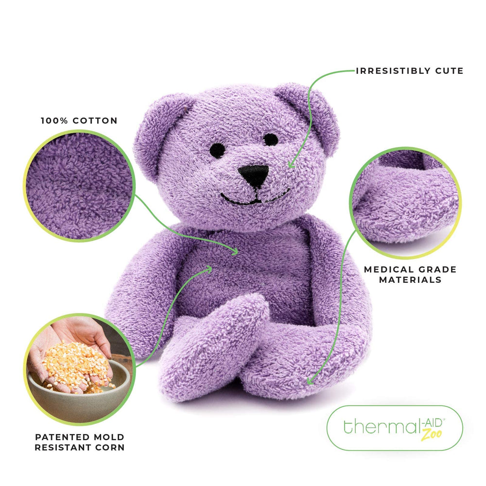 Thermal-Aid Lavender Bear warms quickly in the microwave for comforting heat.