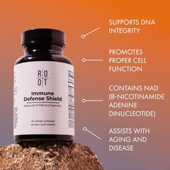 Close-up of Root Wellness capsules highlights easy-to-swallow design for daily use.