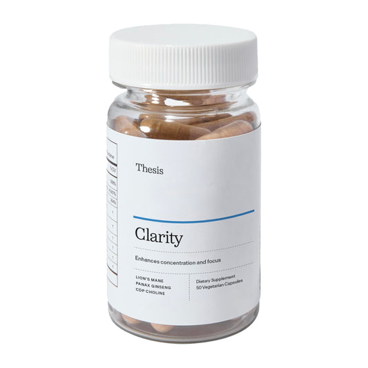 Thesis Clarity bottle closeup with vegan capsules for focused study sessions