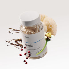 Thesis Clarity dosing scene highlighting two-capsule serving for daily consistency
