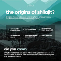 Thinbi Shilajit Capsules bottle side emphasizing clean, additive-free packaging