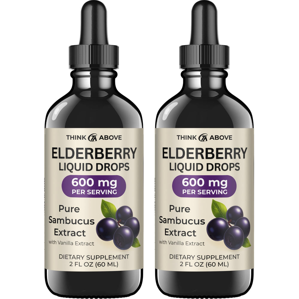 Think Above Elderberry Liquid Drops bottle close-up with vanilla flavor for daily immune support
