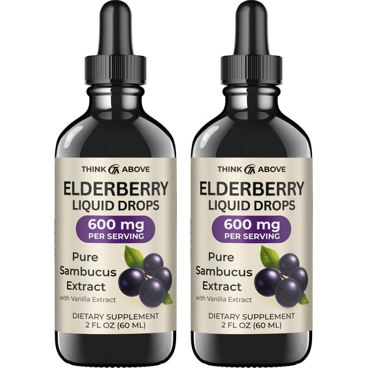 Think Above Elderberry Liquid Drops bottle close-up with vanilla flavor for daily immune support
