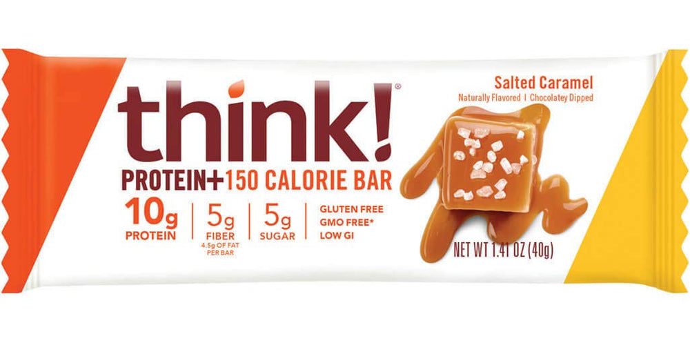 thinkThin Salted Caramel bar unwrapped closeup highlights chewy texture and protein boost