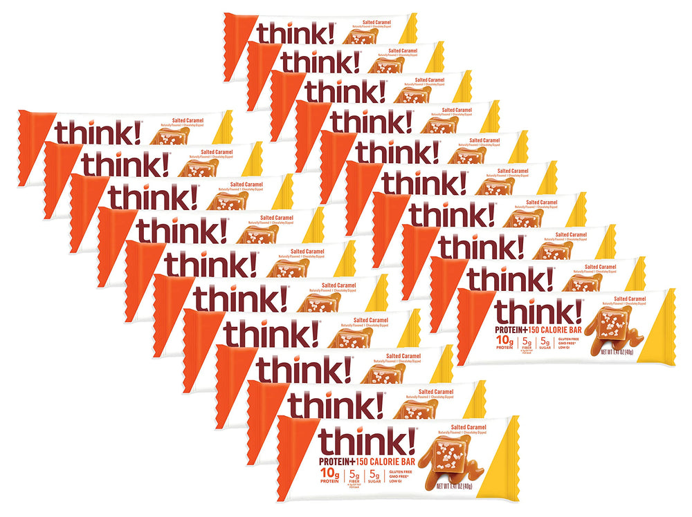 thinkThin Salted Caramel pack front shows gluten-free, high-protein snack option