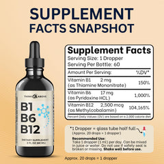 Think Above B1 B6 B12 liquid drops label shows dosage guidance.