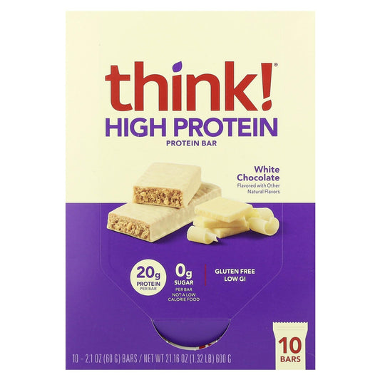 thinkThin white chocolate bar pack shot highlighting protein and packaging