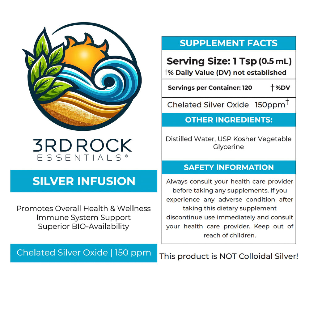 Close-up of Third Rock Essentials Silver Infusion label with 150 PPM.