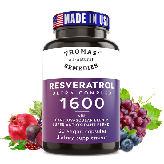 Thomas' Remedies Resveratrol 1600mg bottle promoting immune wellness.