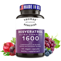 Thomas' Remedies Resveratrol 1600mg bottle promoting immune wellness.