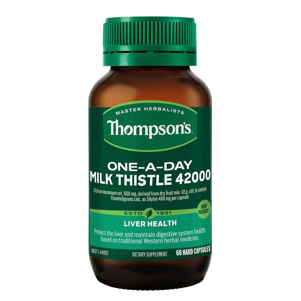 Thompson's Milk Thistle dosage instruction card illustrating one-a-day usage.