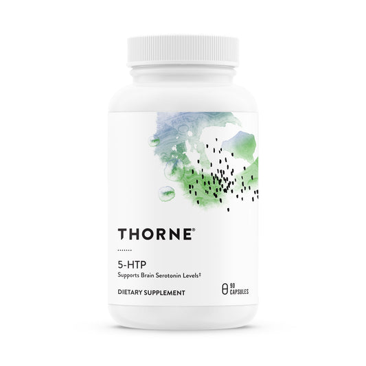 The THORNE 5-HTP bottle front view supports restful sleep.