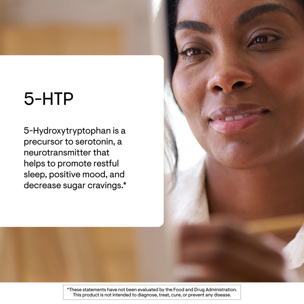 The THORNE 5-HTP capsules are shown in a neat pile for daily use.