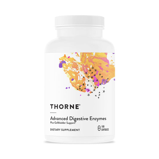 THORNE Advanced Digestive Enzymes bottle close-up for post-meal support.