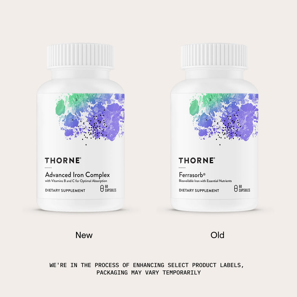 Label detail of THORNE Advanced Iron Complex showing vitamin blend