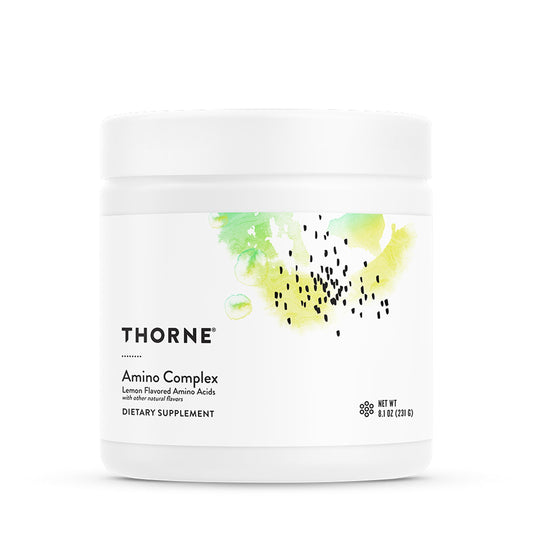 THORNE Amino Complex lemon powder bottle supports lean muscle and post-workout recovery.