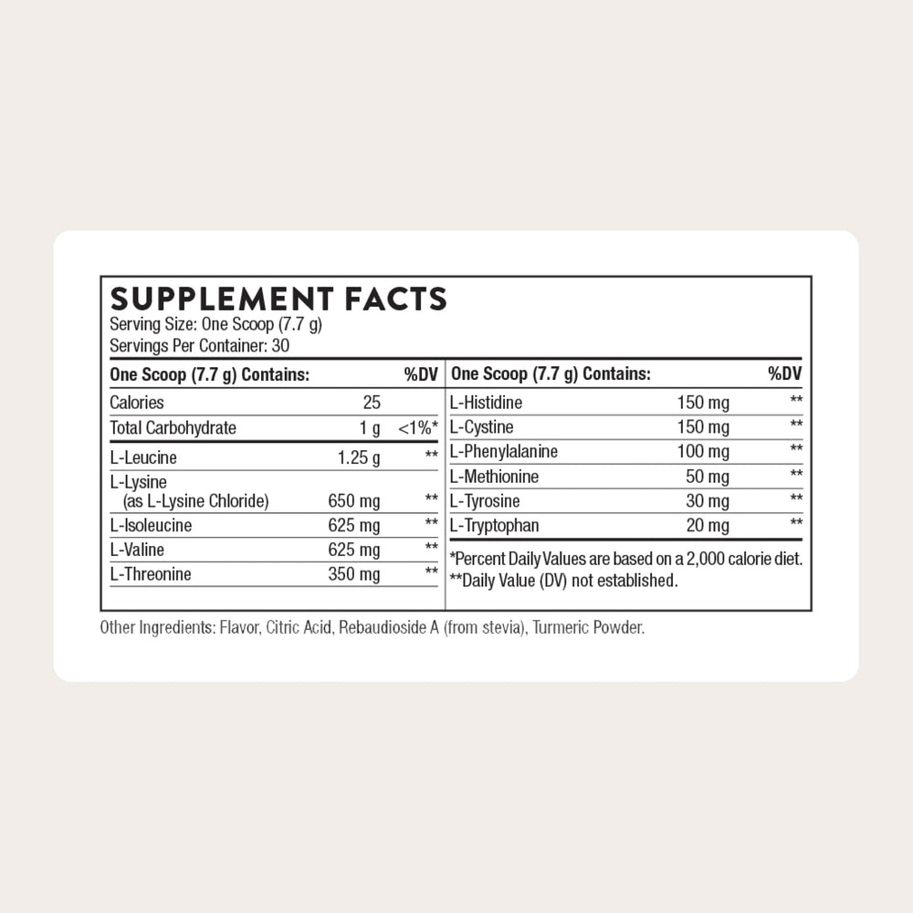 THORNE Amino Complex essentials: nine EAAs and 2:1:1 BCAAs for balanced nutrition.