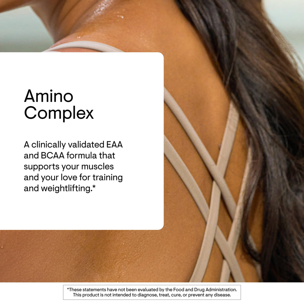 THORNE Amino Complex scoop and tub illustrate easy dosing for workouts.