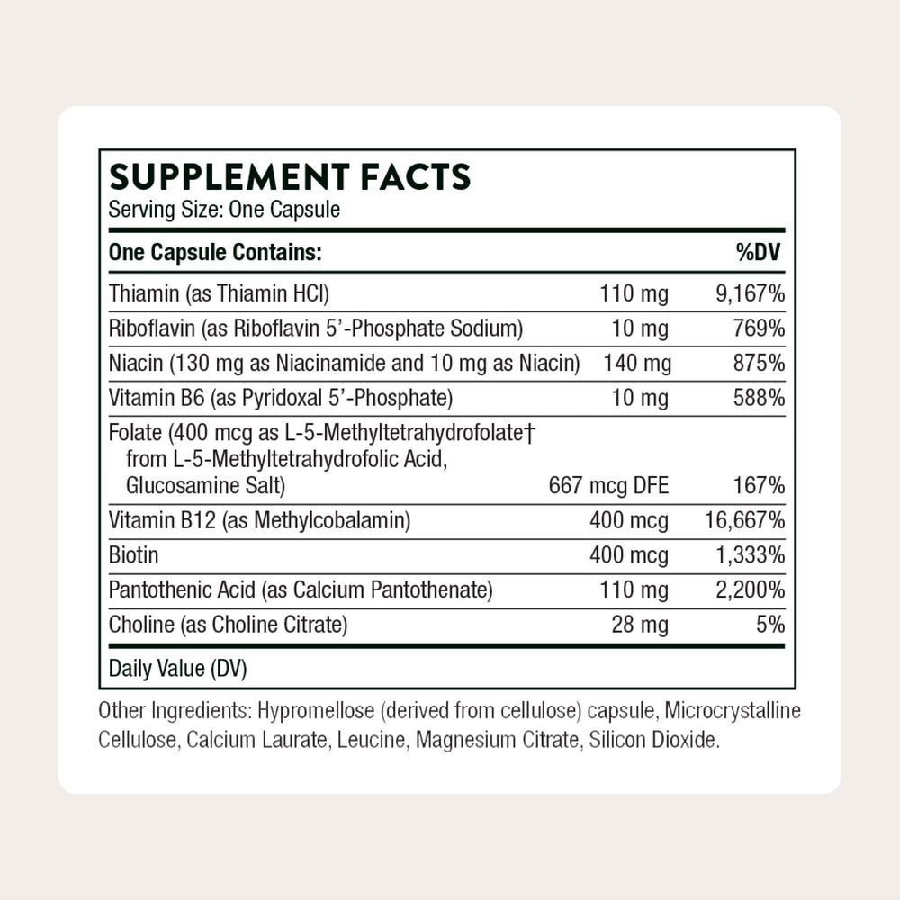 Thorne Basic B-Complex label highlights active tissue-ready ingredients.