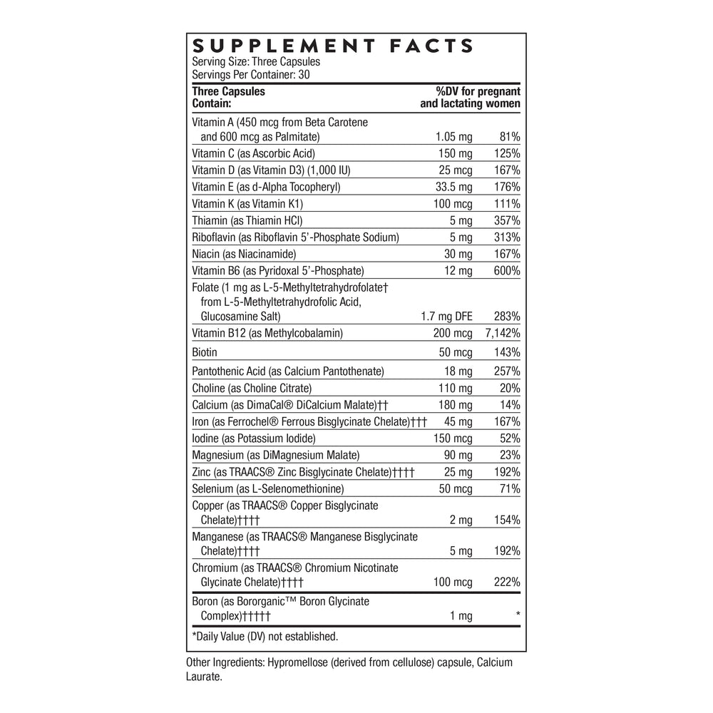 THORNE Basic Prenatal bottle side label with 18 vitamins and minerals for comprehensive prenatal nutrition